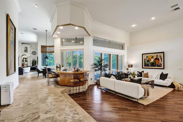 Dining room, Interior, Living room, Pendant Lights, Recessed Lighting, Wood Texture Flooring
