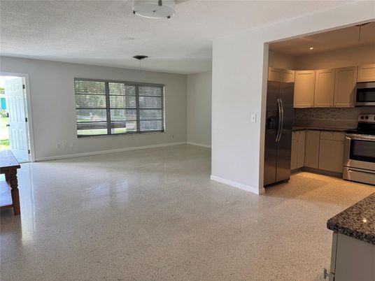 Empty room, Interior, Kitchen, Pendant Lights, Stainless Steel Appliances