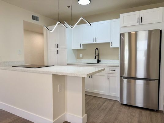 Interior, Kitchen, Pendant Lights, Stainless Steel Appliances, Wood Texture Flooring