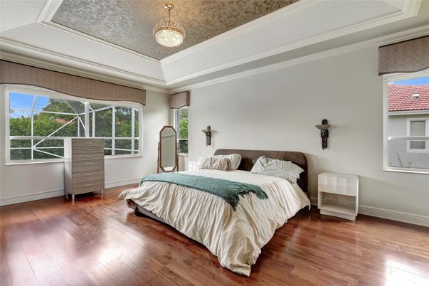 Bedroom, Interior, Pendant Lights, Wood Texture Flooring