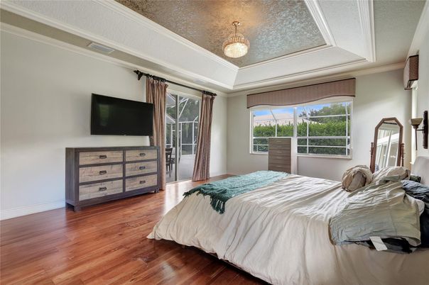 Bedroom, Interior, Pendant Lights, Wood Texture Flooring