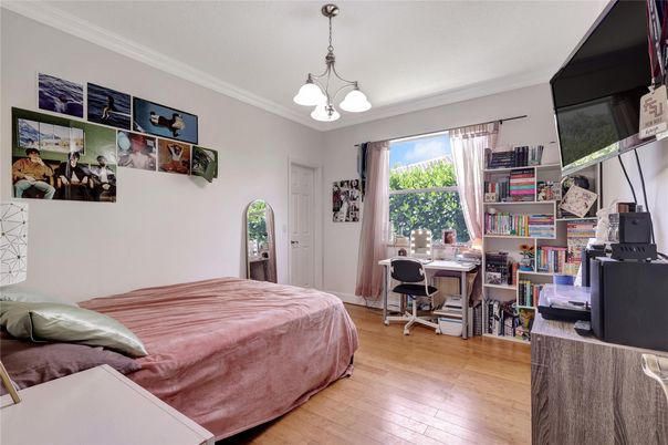 Bedroom, Chandelier, Home Office, Interior, Wood Texture Flooring