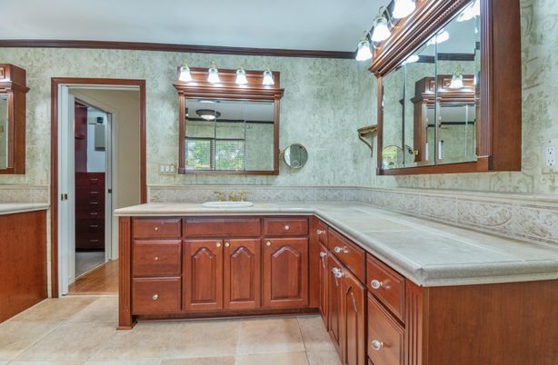 Bathroom, Interior, Tile Countertops, Wood Texture Flooring