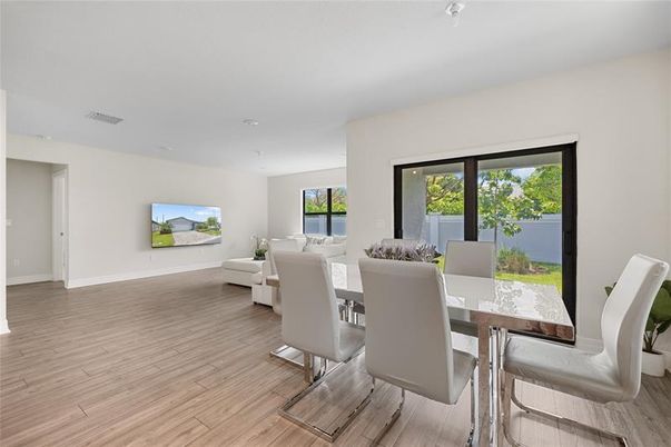 Dining room, Interior, Living room, Recessed Lighting, Wood Texture Flooring