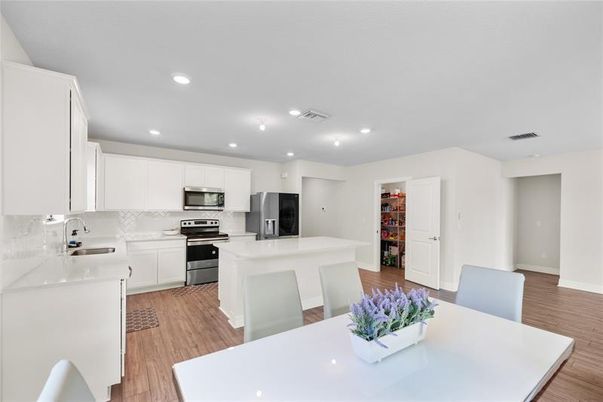 Interior, Kitchen, Recessed Lighting, Stainless Steel Appliances, Wood Texture Flooring