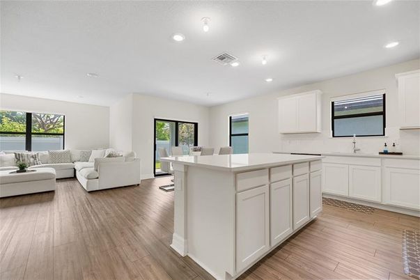 Interior, Kitchen, Living room, Recessed Lighting, Wood Texture Flooring