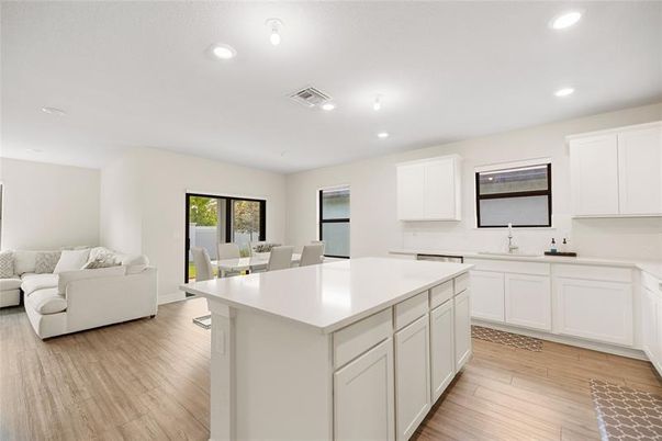 Dining room, Interior, Kitchen, Living room, Recessed Lighting, Wood Texture Flooring