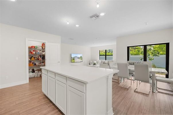 Dining room, Interior, Kitchen, Recessed Lighting, Water, Wood Texture Flooring
