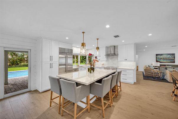 Dining room, Interior, Kitchen, Living room, Pendant Lights, Recessed Lighting, Stainless Steel Appliances, Wood Texture Flooring