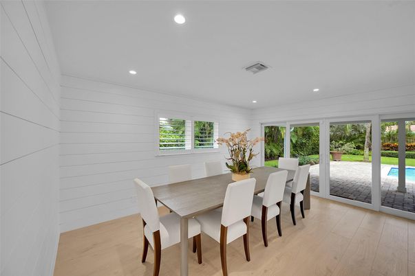 Dining room, Interior, Recessed Lighting, Wood Texture Flooring