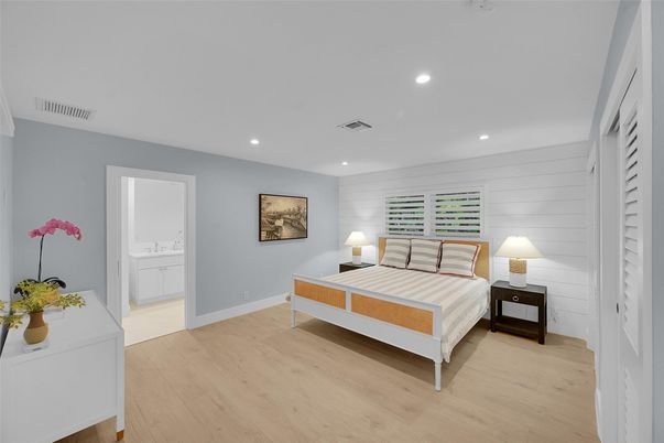 Bedroom, Interior, Recessed Lighting, Wood Texture Flooring