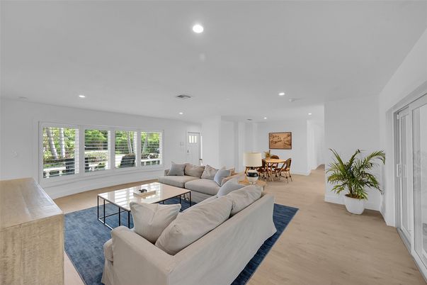 Dining room, Interior, Living room, Recessed Lighting, Wood Texture Flooring