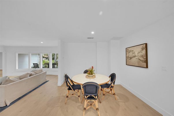 Dining room, Interior, Living room, Recessed Lighting, Wood Texture Flooring
