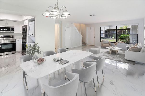 Dining room, Interior, Kitchen, Living room, Marble, Stainless Steel Appliances
