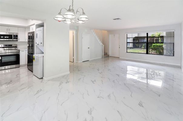 Chandelier, Interior, Kitchen, Marble, Stainless Steel Appliances