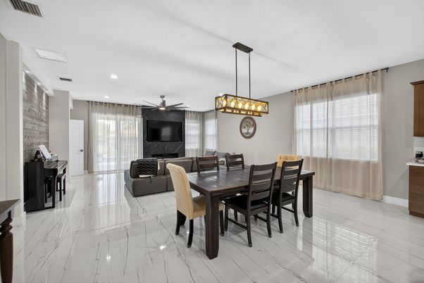 Dining room, Interior, Living room, Marble, Pendant Lights, Recessed Lighting