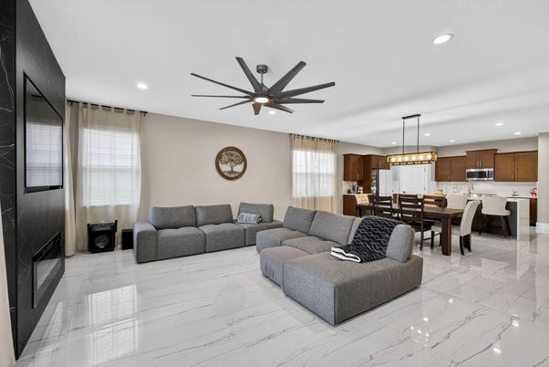 Dining room, Interior, Kitchen, Living room, Marble, Pendant Lights, Recessed Lighting