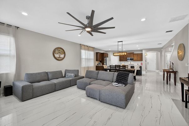Dining room, Interior, Kitchen, Living room, Marble, Pendant Lights, Recessed Lighting