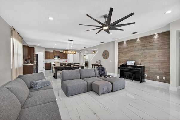 Dining room, Interior, Kitchen, Living room, Marble, Pendant Lights, Recessed Lighting, Wood Texture Flooring, Wooden Walls