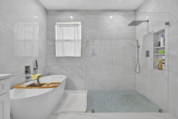 Bathroom, Free Standing Baths, Glass Shower, Interior, Marble, Marble Walls, Recessed Lighting