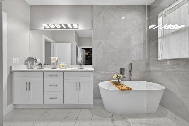 Bathroom, Dual Sink Vanities, Free Standing Baths, Glass Shower, Interior, Marble, Marble Walls