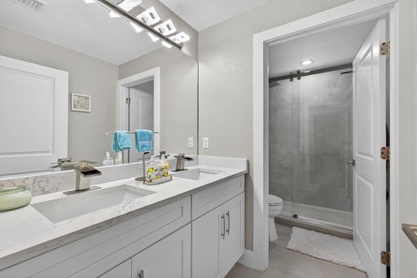 Bathroom, Dual Sink Vanities, Glass Shower, Interior, Recessed Lighting