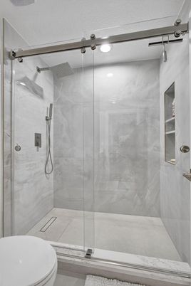 Bathroom, Glass Shower, Interior, Marble Walls, Recessed Lighting