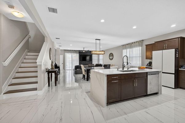 Dining room, Interior, Kitchen, Marble, Pendant Lights, Recessed Lighting, Stainless Steel Appliances