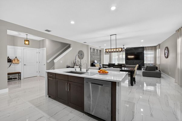 Dining room, Interior, Kitchen, Living room, Marble, Pendant Lights, Recessed Lighting, Stainless Steel Appliances