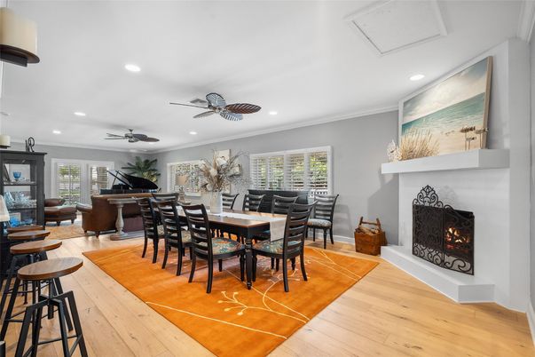 Dining room, Fireplace, Interior, Recessed Lighting, Wood Texture Flooring