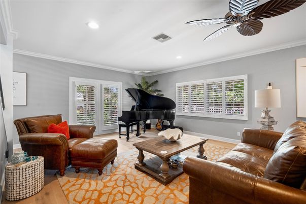 Interior, Living room, Piano, Recessed Lighting, Wood Texture Flooring
