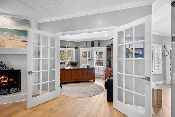 Fireplace, Home Office, Interior, Recessed Lighting, Wood Texture Flooring