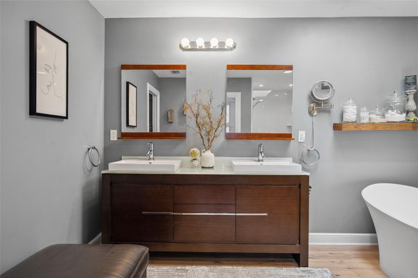 Bathroom, Dual Sink Vanities, Free Standing Baths, Interior, Recessed Lighting, Wood Texture Flooring