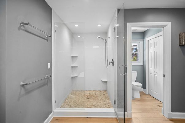 Bathroom, Glass Shower, Interior, Recessed Lighting, Wood Texture Flooring
