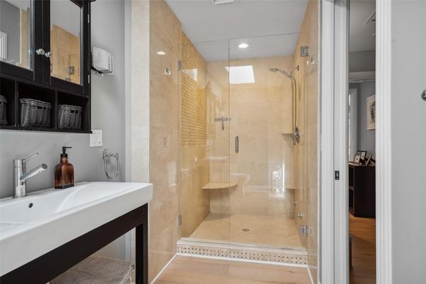 Bathroom, Glass Shower, Interior, Recessed Lighting, Wood Texture Flooring