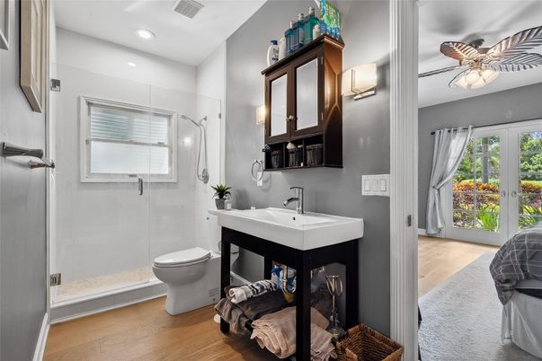 Bathroom, Glass Shower, Interior, Recessed Lighting, Wood Texture Flooring