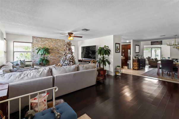 Dining room, Interior, Living room, Stone Walls, Wood Texture Flooring