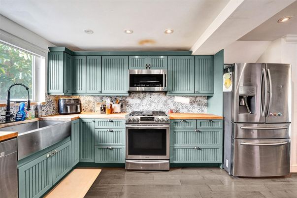 Interior, Kitchen, Recessed Lighting, Stainless Steel Appliances, Wood Texture Flooring