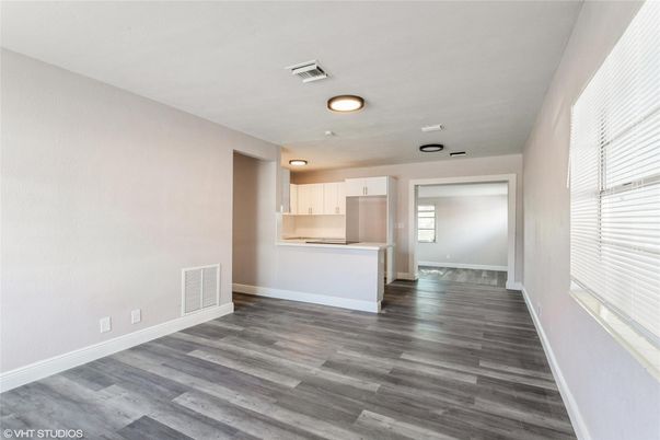 Empty room, Interior, Kitchen, Recessed Lighting, Wood Texture Flooring