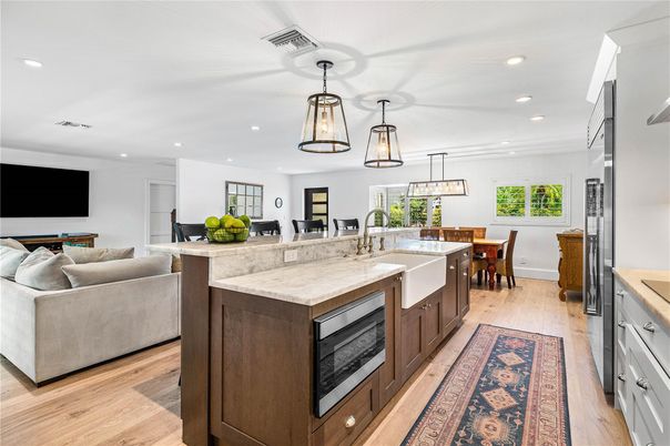 Dining room, Interior, Kitchen, Living room, Pendant Lights, Recessed Lighting, Wood Texture Flooring