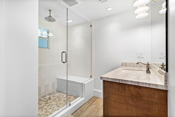 Bathroom, Glass Shower, Interior, Recessed Lighting, Wood Texture Flooring