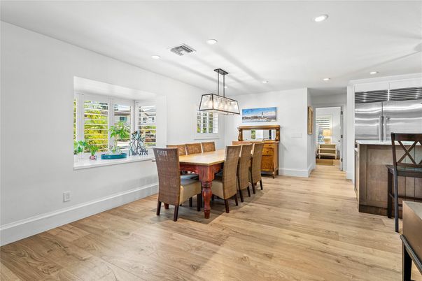Dining room, Interior, Kitchen, Pendant Lights, Recessed Lighting, Stainless Steel Appliances, Wood Texture Flooring