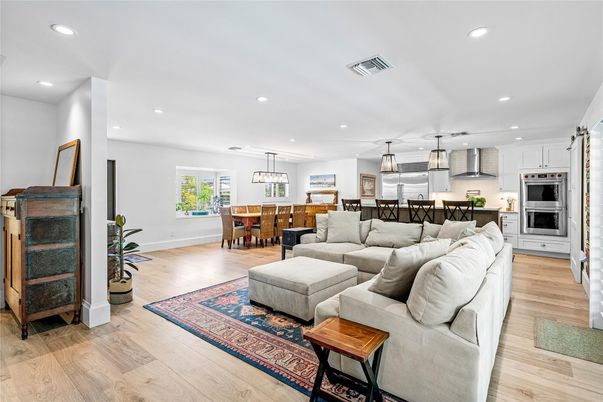 Dining room, Interior, Kitchen, Living room, Pendant Lights, Recessed Lighting, Stainless Steel Appliances, Wood Texture Flooring