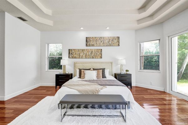 Bedroom, Interior, Recessed Lighting, Wood Texture Flooring
