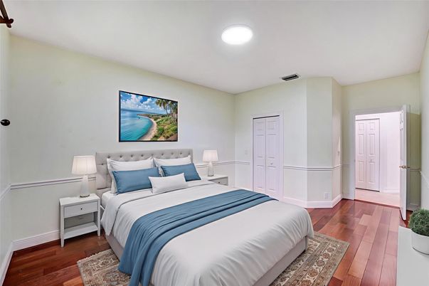 Bedroom, Interior, Recessed Lighting, Wood Texture Flooring