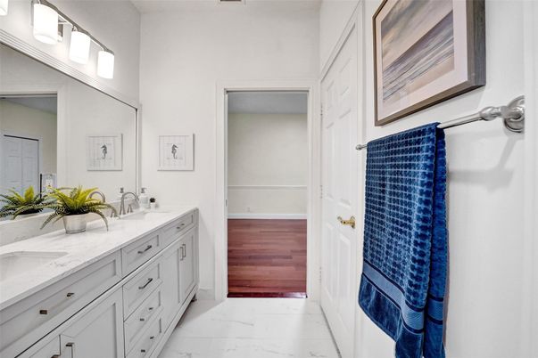 Bathroom, Dual Sink Vanities, Interior, Marble, Wood Texture Flooring