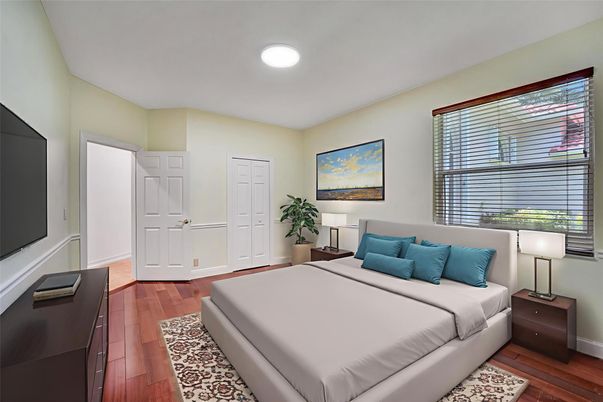 Bedroom, Interior, Recessed Lighting, Wood Texture Flooring