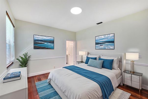 Bedroom, Interior, Recessed Lighting, Wood Texture Flooring