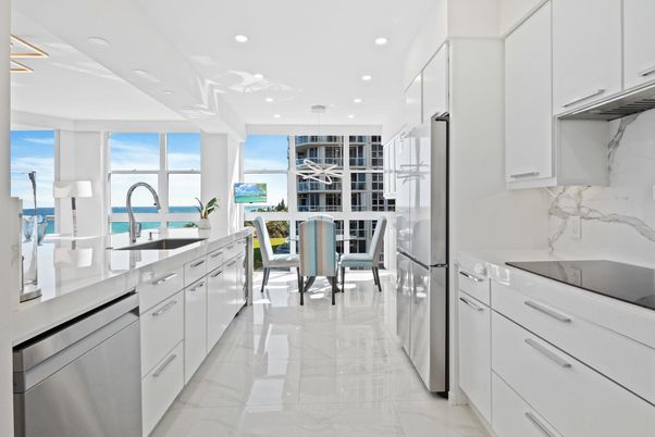 Interior, Kitchen, Marble, Marble Walls, Recessed Lighting, Stainless Steel Appliances, Water