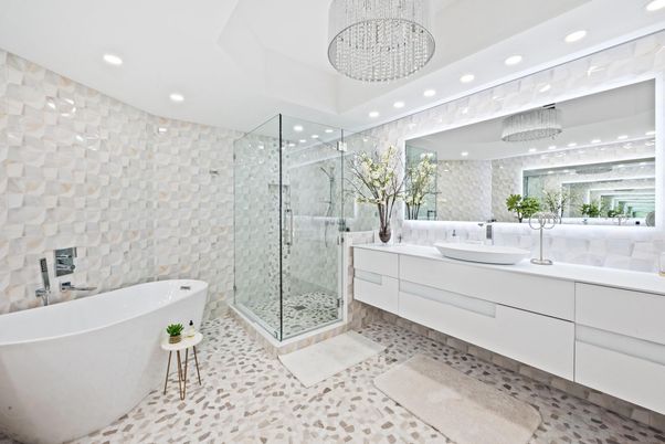 Bathroom, Dual Sink Vanities, Free Standing Baths, Glass Shower, Interior, Pendant Lights, Recessed Lighting